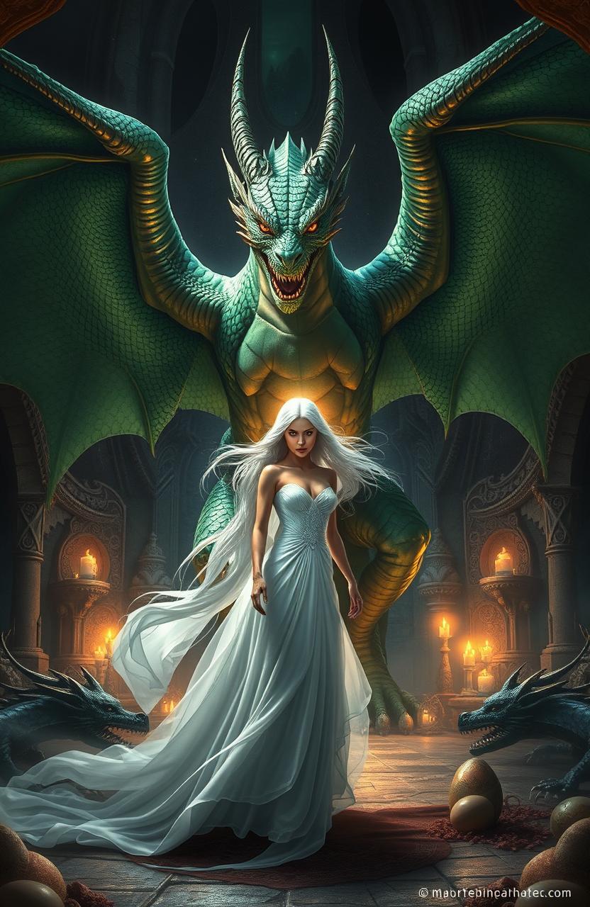 A powerful and ethereal scene depicting the Dragon's King and his hated bride