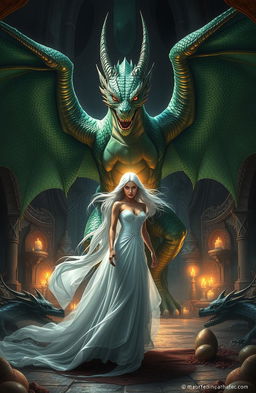 A powerful and ethereal scene depicting the Dragon's King and his hated bride