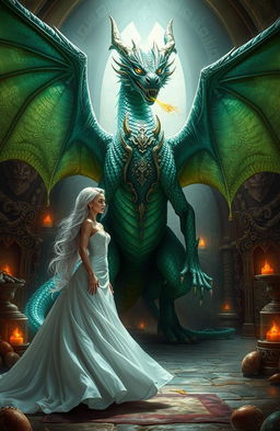 A powerful and ethereal scene depicting the Dragon's King and his hated bride