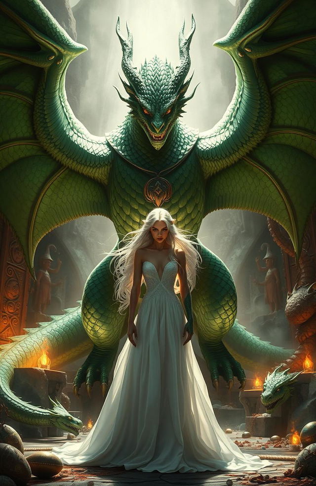 A powerful and ethereal scene depicting the Dragon's King and his hated bride