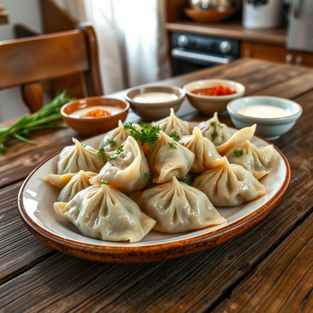 A beautiful dish of Hyingal, a traditional Chechen dumpling, elegantly presented on a rustic wooden table