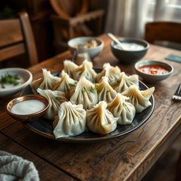 A beautiful dish of Hyingal, a traditional Chechen dumpling, elegantly presented on a rustic wooden table