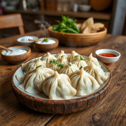 A beautiful dish of Hyingal, a traditional Chechen dumpling, elegantly presented on a rustic wooden table