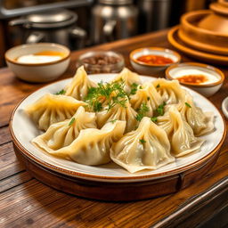 A beautiful dish of Hyingal, a traditional Chechen dumpling, elegantly presented on a rustic wooden table