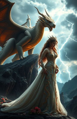 A stunning cinematic fantasy scene featuring a majestic dragon perched on a rocky cliff under a stormy sky, its golden scales shimmering in the light