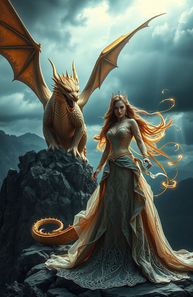 A stunning cinematic fantasy scene featuring a majestic dragon perched on a rocky cliff under a stormy sky, its golden scales shimmering in the light