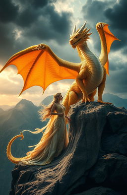 A stunning cinematic fantasy scene featuring a majestic dragon perched on a rocky cliff under a stormy sky, its golden scales shimmering in the light