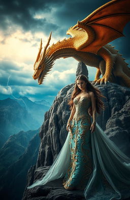 A stunning cinematic fantasy scene featuring a majestic dragon perched on a rocky cliff under a stormy sky, its golden scales shimmering in the light