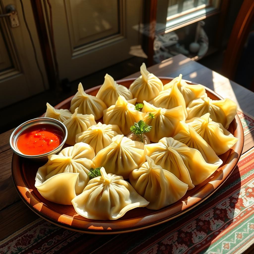 A beautifully arranged platter of Khinkali, the traditional Georgian dumplings, displayed on a rustic wooden table