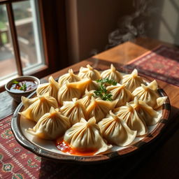 A beautifully arranged platter of Khinkali, the traditional Georgian dumplings, displayed on a rustic wooden table