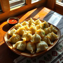 A beautifully arranged platter of Khinkali, the traditional Georgian dumplings, displayed on a rustic wooden table