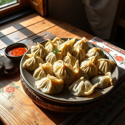 A beautifully arranged platter of Khinkali, the traditional Georgian dumplings, displayed on a rustic wooden table
