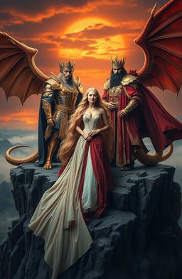 A powerful and mystical scene featuring a fierce Golden King and a Royal Red King, both adorned in elaborate armor and regal garments