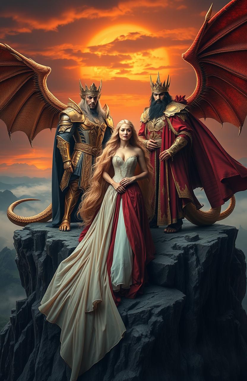 A powerful and mystical scene featuring a fierce Golden King and a Royal Red King, both adorned in elaborate armor and regal garments