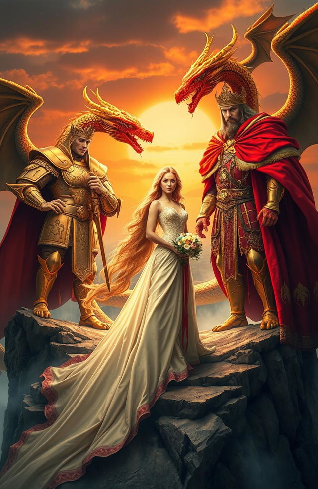 A powerful and mystical scene featuring a fierce Golden King and a Royal Red King, both adorned in elaborate armor and regal garments