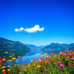 A serene and picturesque landscape featuring a tranquil lake surrounded by lush green mountains under a clear blue sky