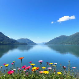 A serene and picturesque landscape featuring a tranquil lake surrounded by lush green mountains under a clear blue sky