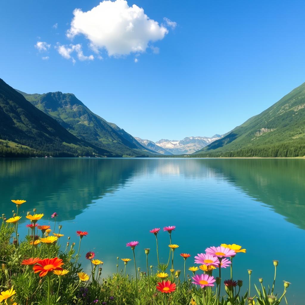 A serene and picturesque landscape featuring a tranquil lake surrounded by lush green mountains under a clear blue sky