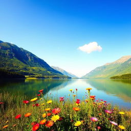A serene and picturesque landscape featuring a tranquil lake surrounded by lush green mountains under a clear blue sky