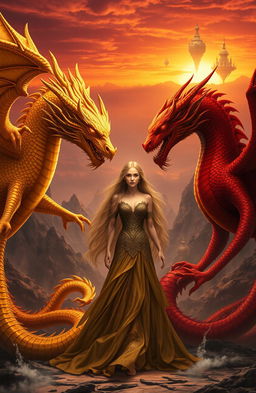 A dramatic fantasy scene depicting a powerful and majestic golden king dragon and a fierce red dragon, both with intricate scales and glowing eyes