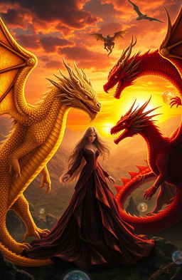 A dramatic fantasy scene depicting a powerful and majestic golden king dragon and a fierce red dragon, both with intricate scales and glowing eyes