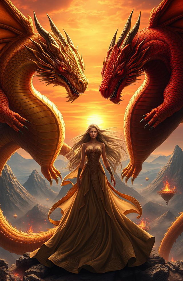 A dramatic fantasy scene depicting a powerful and majestic golden king dragon and a fierce red dragon, both with intricate scales and glowing eyes