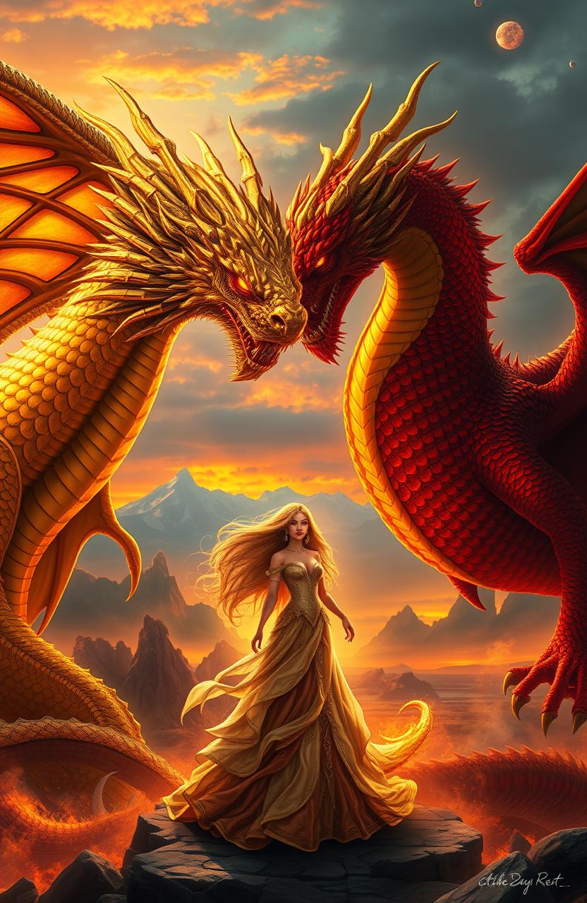 A dramatic fantasy scene depicting a powerful and majestic golden king dragon and a fierce red dragon, both with intricate scales and glowing eyes