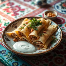A beautifully arranged Azerbaijani dish of Hingal, showcasing a plate filled with thin, delicate layers of dough, stuffed with a savory mixture of ingredients including minced meat, herbs, and spices