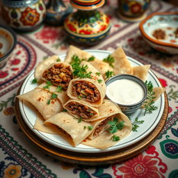 A beautifully arranged Azerbaijani dish of Hingal, showcasing a plate filled with thin, delicate layers of dough, stuffed with a savory mixture of ingredients including minced meat, herbs, and spices