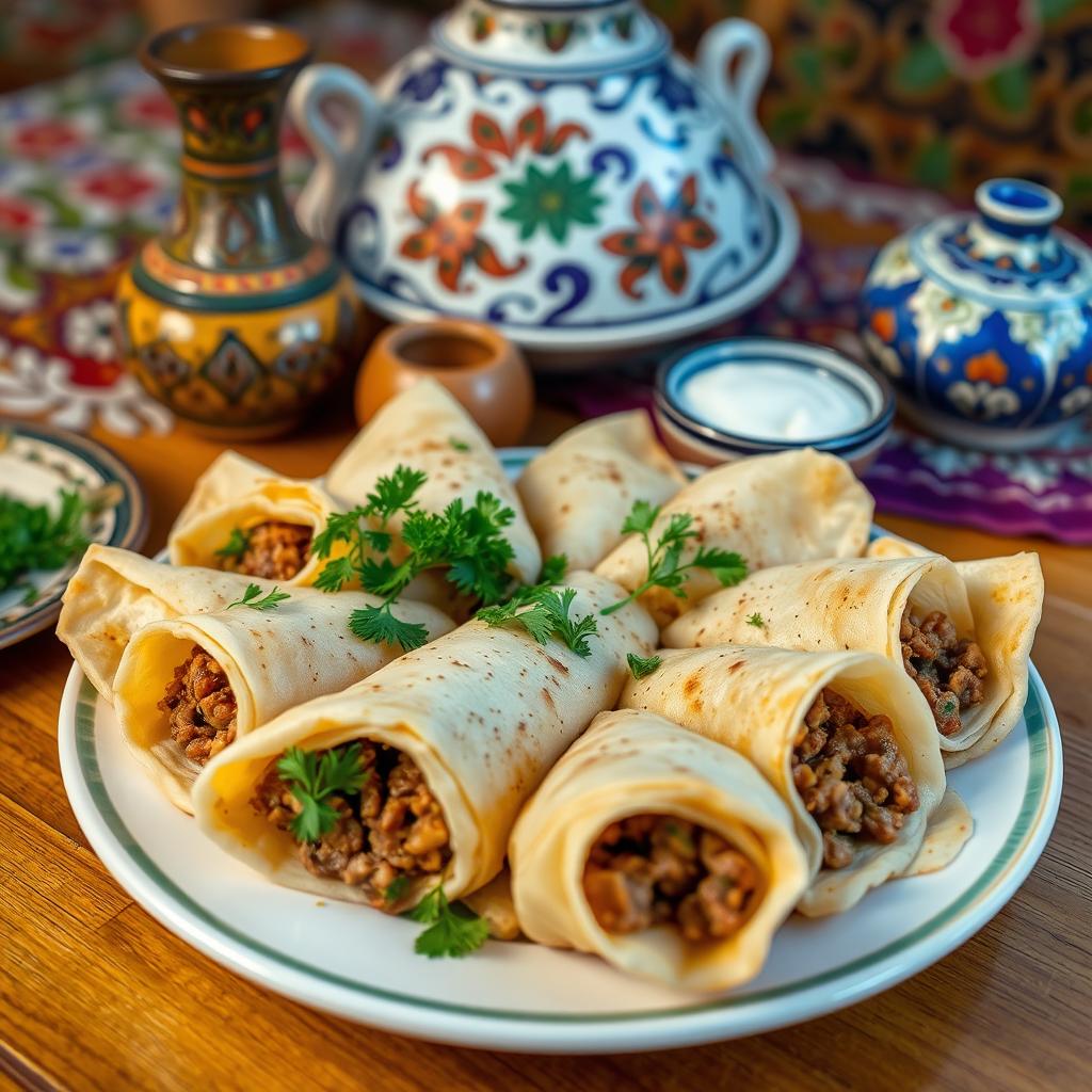 A beautifully arranged Azerbaijani dish of Hingal, showcasing a plate filled with thin, delicate layers of dough, stuffed with a savory mixture of ingredients including minced meat, herbs, and spices