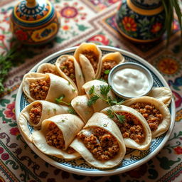 A beautifully arranged Azerbaijani dish of Hingal, showcasing a plate filled with thin, delicate layers of dough, stuffed with a savory mixture of ingredients including minced meat, herbs, and spices