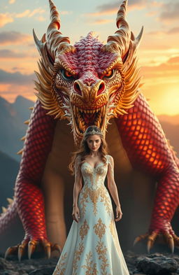 A fierce, majestic dragon known as the 'Golden Red King' prominently featured in the foreground, adorned with shimmering golden and fiery red scales