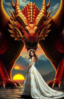 A fierce, majestic dragon known as the 'Golden Red King' prominently featured in the foreground, adorned with shimmering golden and fiery red scales