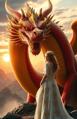A fierce, majestic dragon known as the 'Golden Red King' prominently featured in the foreground, adorned with shimmering golden and fiery red scales