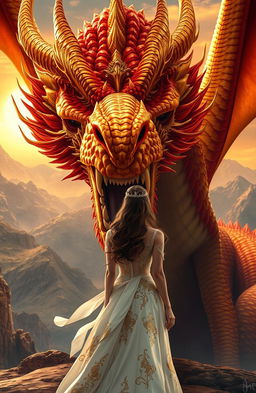 A fierce, majestic dragon known as the 'Golden Red King' prominently featured in the foreground, adorned with shimmering golden and fiery red scales