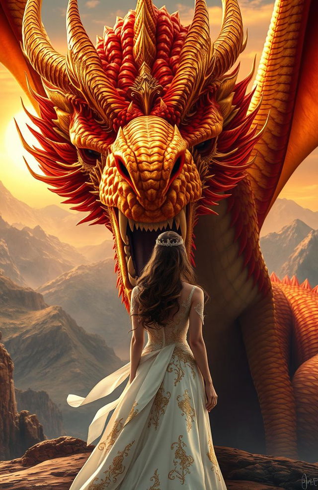 A fierce, majestic dragon known as the 'Golden Red King' prominently featured in the foreground, adorned with shimmering golden and fiery red scales