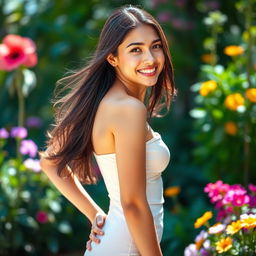 A beautiful young woman with long flowing dark hair, wearing a stylish, form-fitting summer dress, confidently posing in a vibrant outdoor setting filled with colorful flowers and green foliage