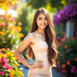 A beautiful young woman with long flowing dark hair, wearing a stylish, form-fitting summer dress, confidently posing in a vibrant outdoor setting filled with colorful flowers and green foliage