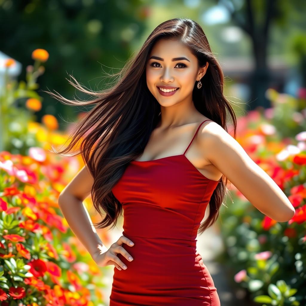 A beautiful young woman with long flowing dark hair, wearing a stylish, form-fitting summer dress, confidently posing in a vibrant outdoor setting filled with colorful flowers and green foliage