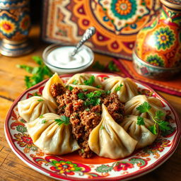 A beautiful Azerbaijani dish called Hingal, featuring delicious boiled dumplings filled with a rich mixture of ground meat, herbs, and spices