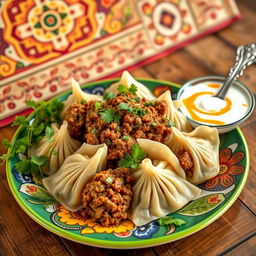 A beautiful Azerbaijani dish called Hingal, featuring delicious boiled dumplings filled with a rich mixture of ground meat, herbs, and spices