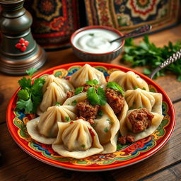 A beautiful Azerbaijani dish called Hingal, featuring delicious boiled dumplings filled with a rich mixture of ground meat, herbs, and spices