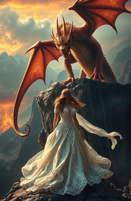 A dramatic and captivating scene depicting a majestic golden red dragon with fierce eyes perched on a rocky cliff, its scales shimmering in the sunlight