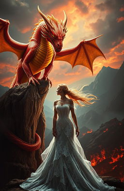 A dramatic and captivating scene depicting a majestic golden red dragon with fierce eyes perched on a rocky cliff, its scales shimmering in the sunlight