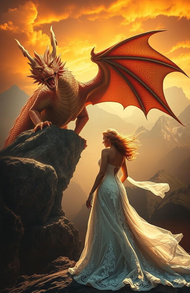 A dramatic and captivating scene depicting a majestic golden red dragon with fierce eyes perched on a rocky cliff, its scales shimmering in the sunlight