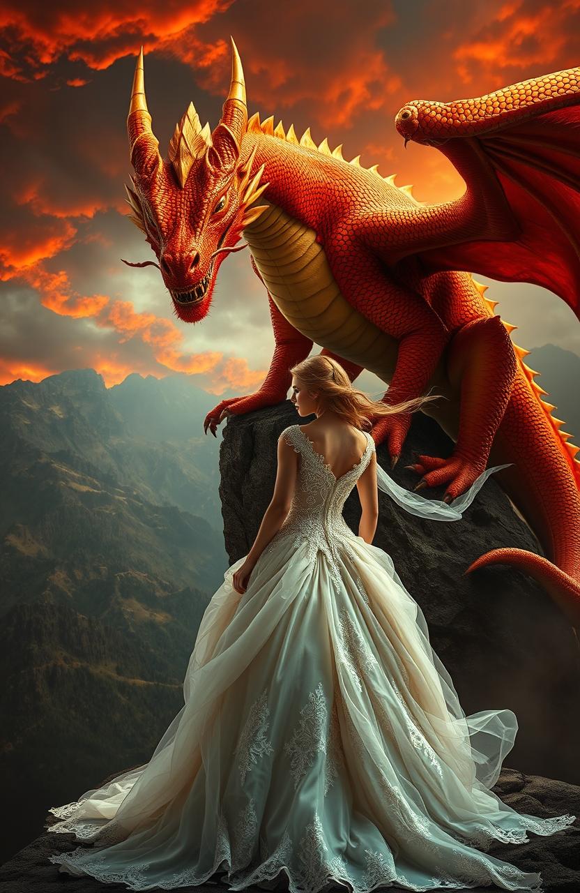 A dramatic and captivating scene depicting a majestic golden red dragon with fierce eyes perched on a rocky cliff, its scales shimmering in the sunlight