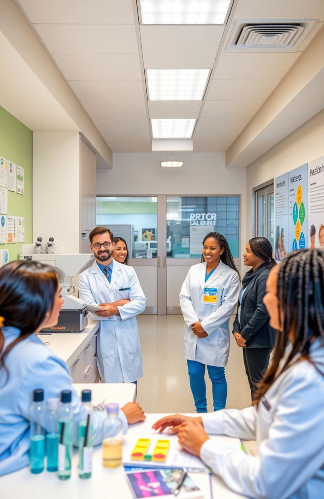 A vibrant and inviting clinical laboratory scene showcasing modern analysis equipment and friendly staff members engaging with patients