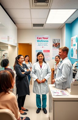 A vibrant and inviting clinical laboratory scene showcasing modern analysis equipment and friendly staff members engaging with patients