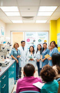 A vibrant and inviting clinical laboratory scene showcasing modern analysis equipment and friendly staff members engaging with patients
