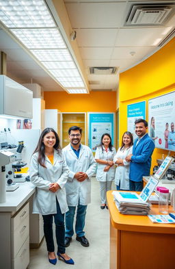 A vibrant and inviting clinical laboratory scene showcasing modern analysis equipment and friendly staff members engaging with patients